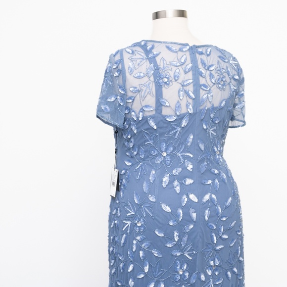 Adrianna Papell - Plus Size Hand Beaded Short Sleeve Floral Godet Gown In French - Picture 10 of 12